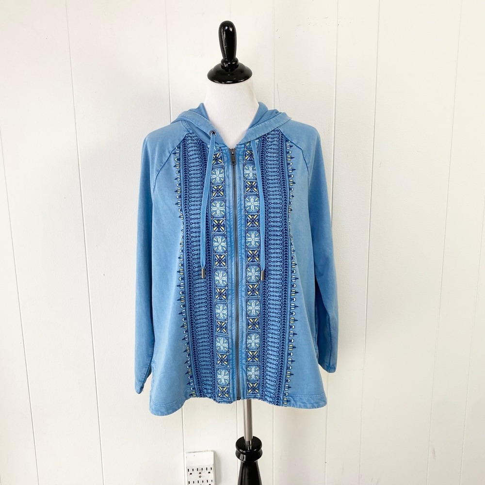Style & Co Blue Embroidered Full Zip Hoodie Jacket PXL Boho Nautical